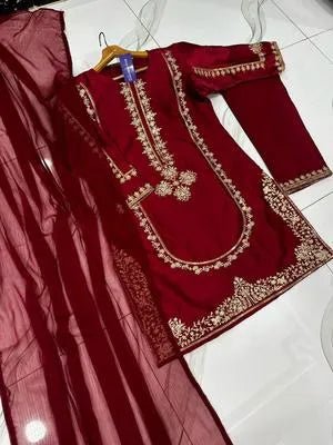 3 Pcs Women's Stitched Shamoz Silk Embroidered Suit - Raangli