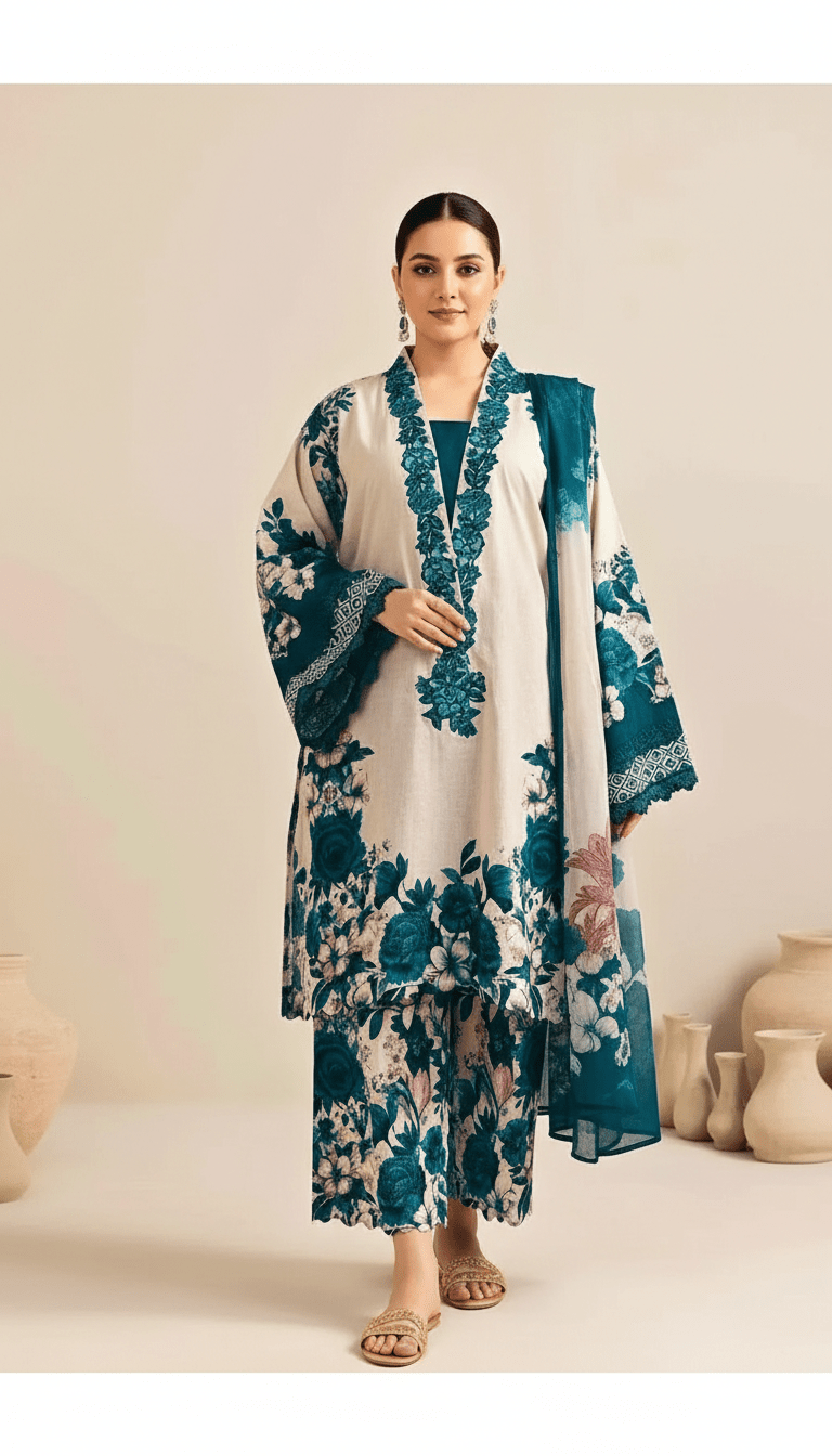 Latest 3 Pcs Unstitched Silky Suit 2026 – Digital Printed Long Airline Shirt with Trouser & China Silk Dupatta for Women | Summer Collection - Raangli
