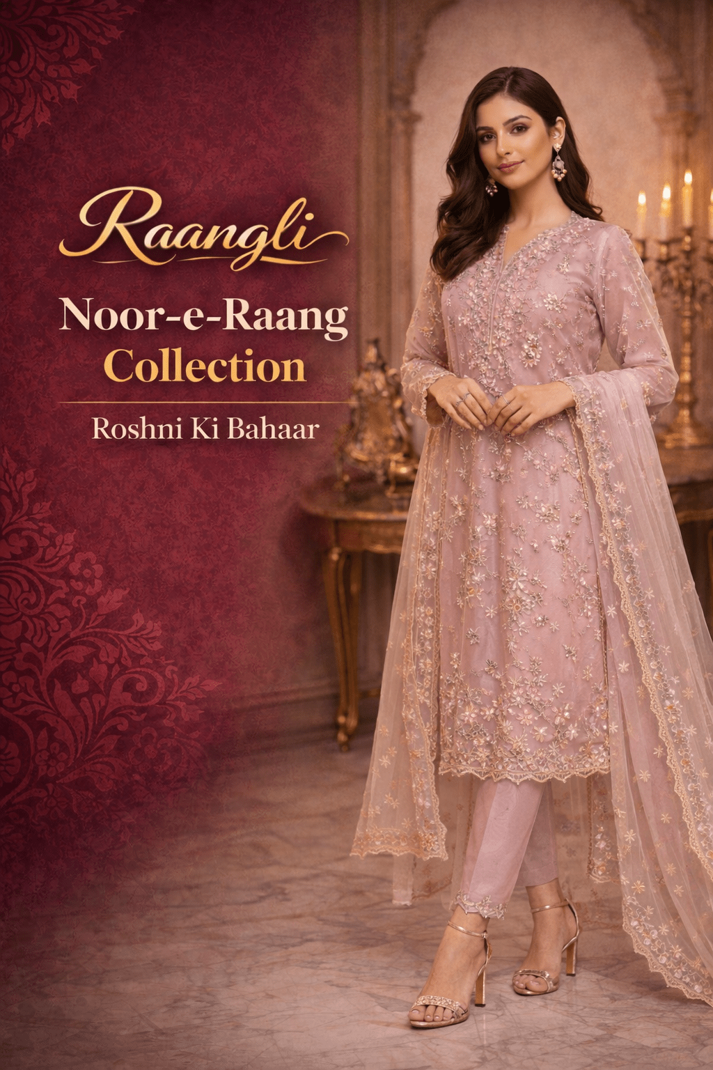 Noor - e - Raang Peachy Coral Suit - Raangli