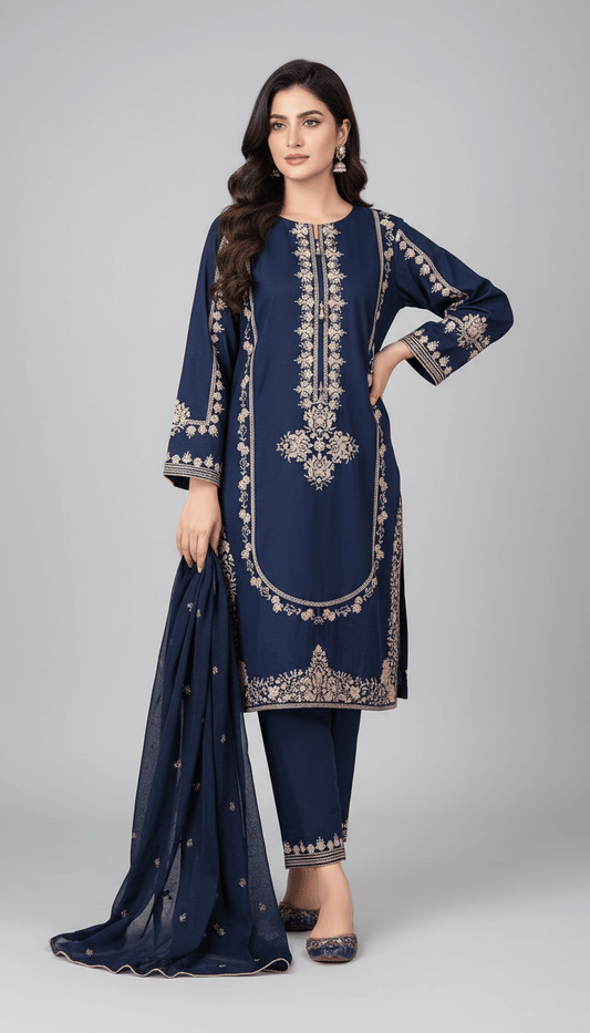 3 Pcs Women's Stitched Shamoz Silk Embroidered Suit - Raangli