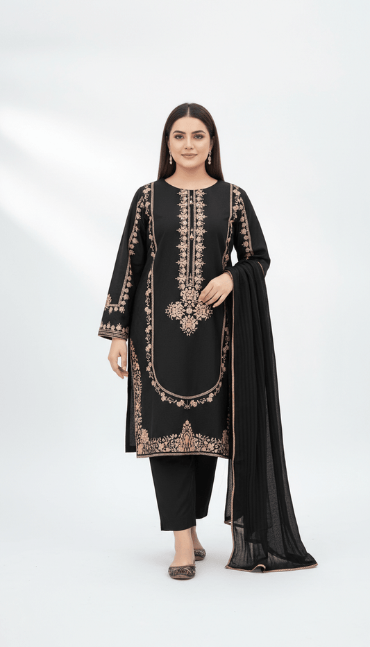 3 Pcs Women's Stitched Shamoz Silk Embroidered Suit - Raangli