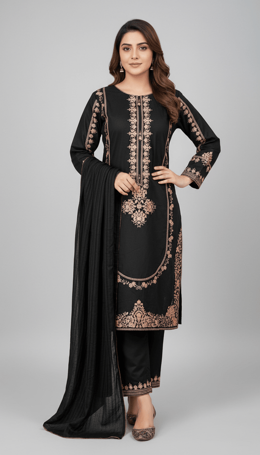 3 Pcs Women's Stitched Shamoz Silk Embroidered Suit - Raangli