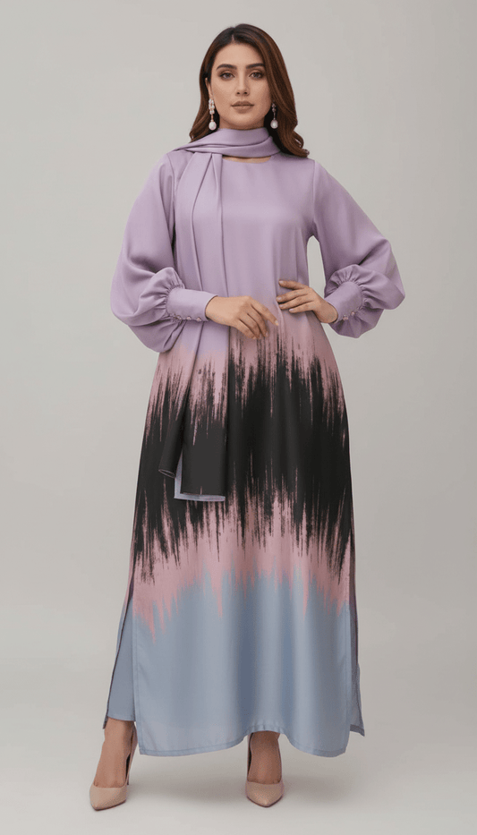 Latest 3 Pcs Unstitched Silky Suit 2026 – Digital Printed Long Airline Shirt with Trouser & China Silk Dupatta for Women | Summer Collection - Raangli