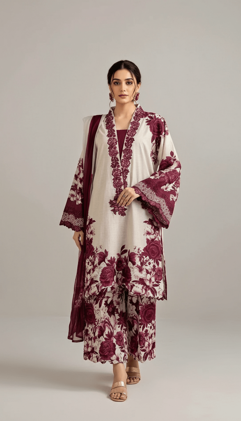 Latest 3 Pcs Unstitched Silky Suit 2026 – Digital Printed Long Airline Shirt with Trouser & China Silk Dupatta for Women | Summer Collection - Raangli