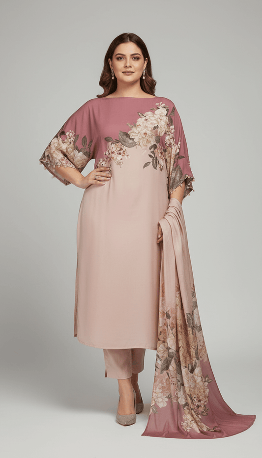 Latest 3 Pcs Unstitched Silky Suit 2026 – Digital Printed Long Airline Shirt with Trouser & China Silk Dupatta for Women | Summer Collection - Raangli