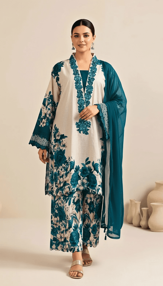 Latest 3 Pcs Unstitched Silky Suit 2026 – Digital Printed Long Airline Shirt with Trouser & China Silk Dupatta for Women | Summer Collection - Raangli