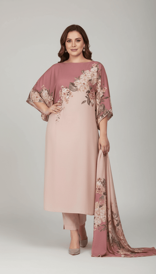 Latest 3 Pcs Unstitched Silky Suit 2026 – Digital Printed Long Airline Shirt with Trouser & China Silk Dupatta for Women | Summer Collection - Raangli