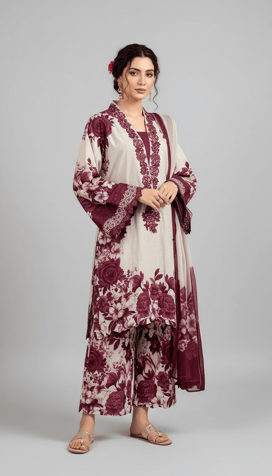 Latest 3 Pcs Unstitched Silky Suit 2026 – Digital Printed Long Airline Shirt with Trouser & China Silk Dupatta for Women | Summer Collection - Raangli