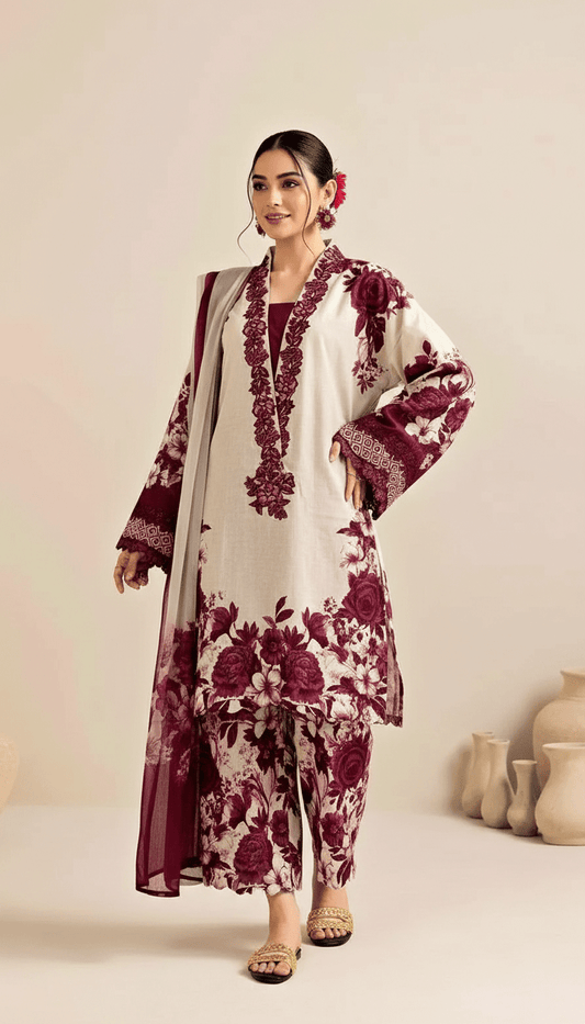 Latest 3 Pcs Unstitched Silky Suit 2026 – Digital Printed Long Airline Shirt with Trouser & China Silk Dupatta for Women | Summer Collection - Raangli