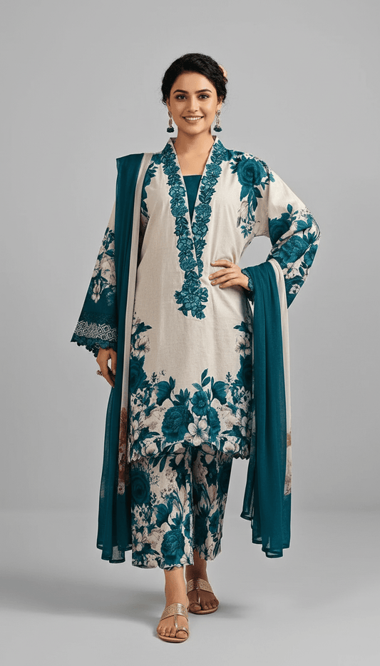 Latest 3 Pcs Unstitched Silky Suit 2026 – Digital Printed Long Airline Shirt with Trouser & China Silk Dupatta for Women | Summer Collection - Raangli